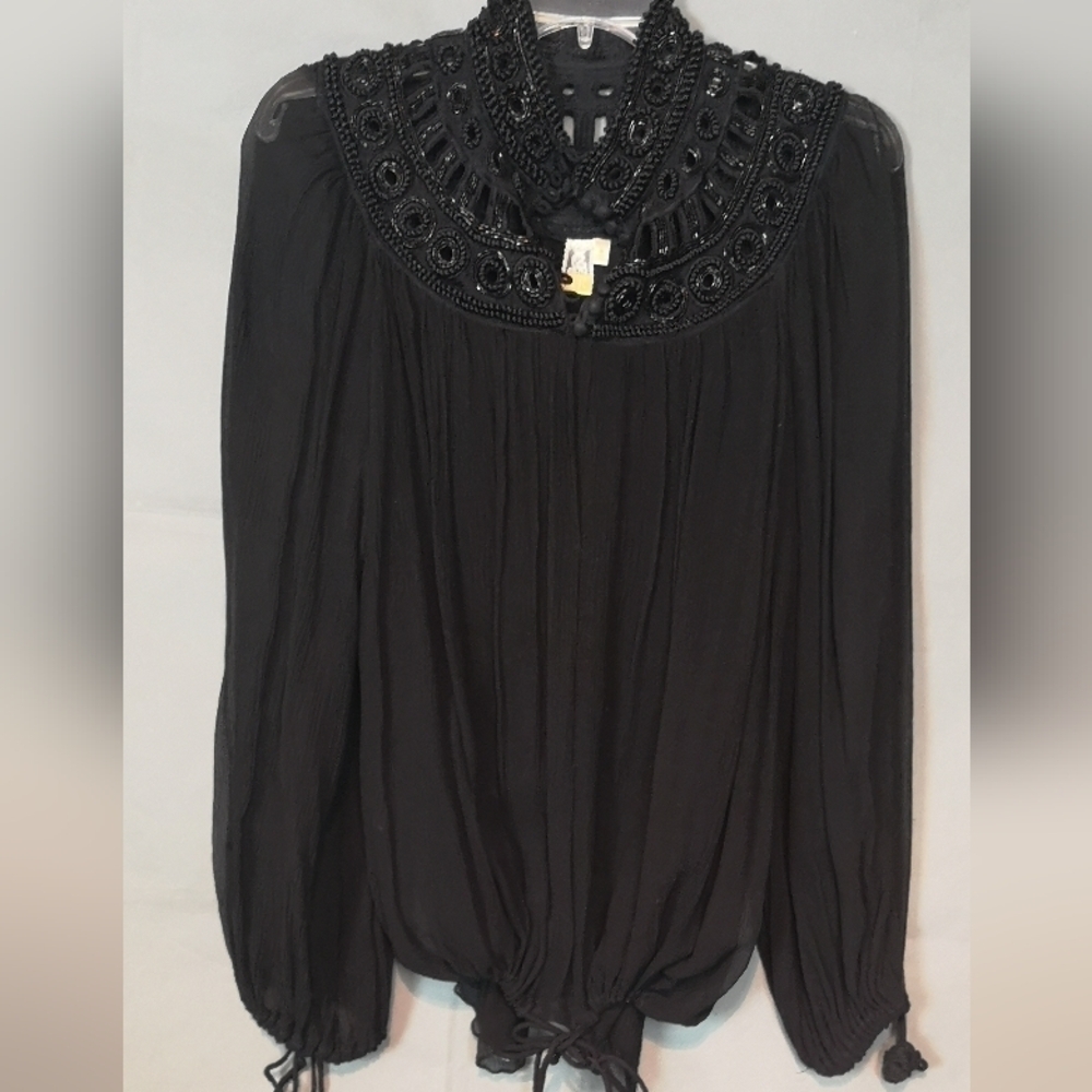 00s Vintage Victorian Gathered Gothic Beaded Neck Mandarin Collar Boho Top